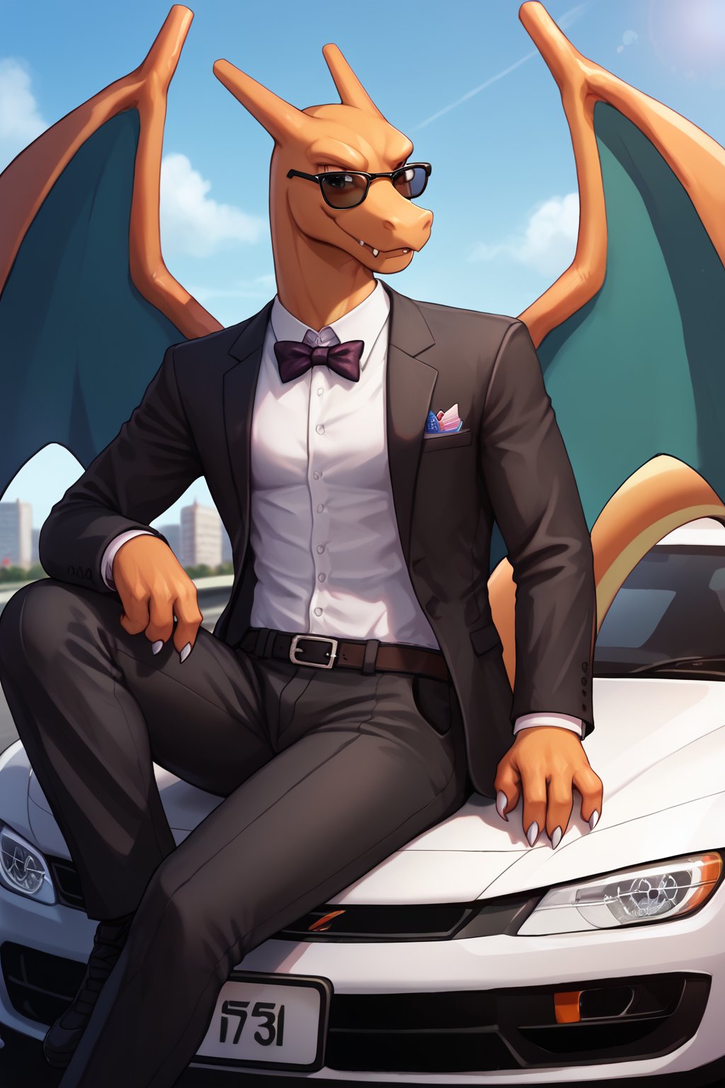 ((Charizard)), anthropomorphic, (((1man))), solo, fashion clothing, suit, pokemorph, slender, sitting, in a sports car, tesla, sunglasses, cool orange skin, smiling, in the city, detailed background, 