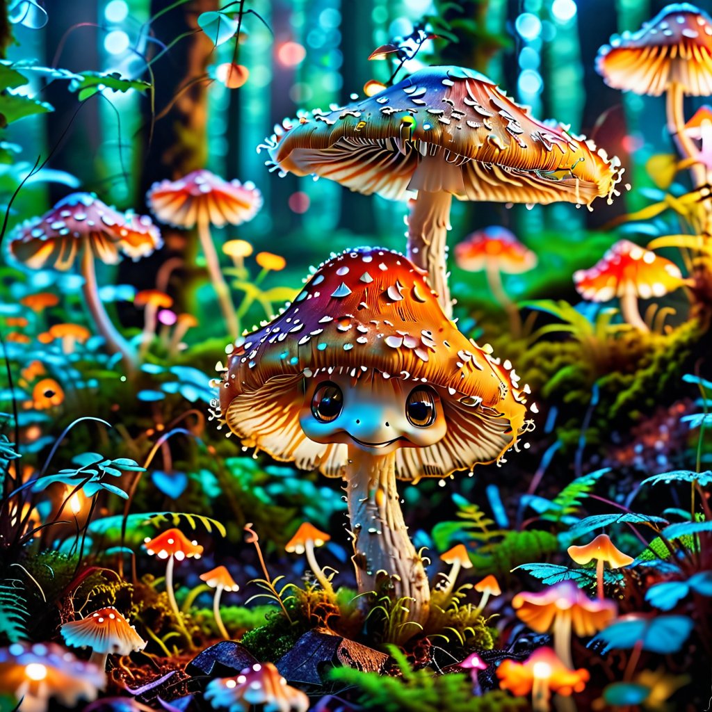 A whimsical fantasy scene featuring a glowing mushroom with big, expressive eyes and a big smile. The mushroom stands in a lush, enchanted forest, surrounded by vibrant, glowing flora. The lighting is soft and magical, casting a warm, ethereal glow. The composition is centered, with the mushroom in the foreground, exuding a playful and inviting aura.