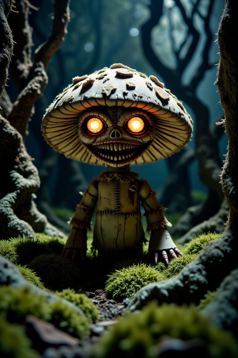 A close-up shot of a creepy, glowing mushroom doll with a sinister expression, surrounded by eerie, twisted trees in a dimly lit forest. The doll's eyes emit an unnatural glow, casting eerie shadows on the moss-covered ground. The composition is centered on the doll, with the forest closing in around it, creating a sense of unease. The lighting is low, with only the doll's glow providing illumination, enhancing the spooky atmosphere.