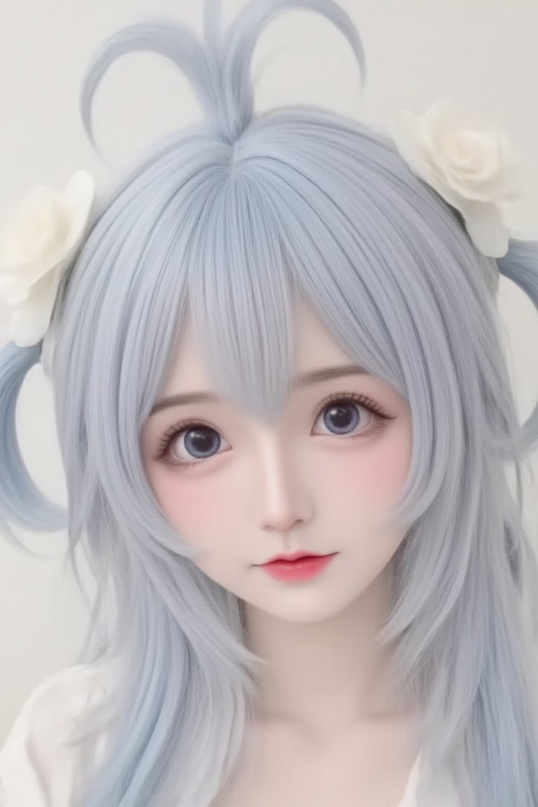 1girl, 

Cosplay, Real person, photo, twitter username, white background, mini person, aqua eyes, looking at viewer, grey hair, :i, aqua hair, simple background, blush, minigirl, blue hair, hair flower, solo, hair ornament, close-up, portrait, flower,
