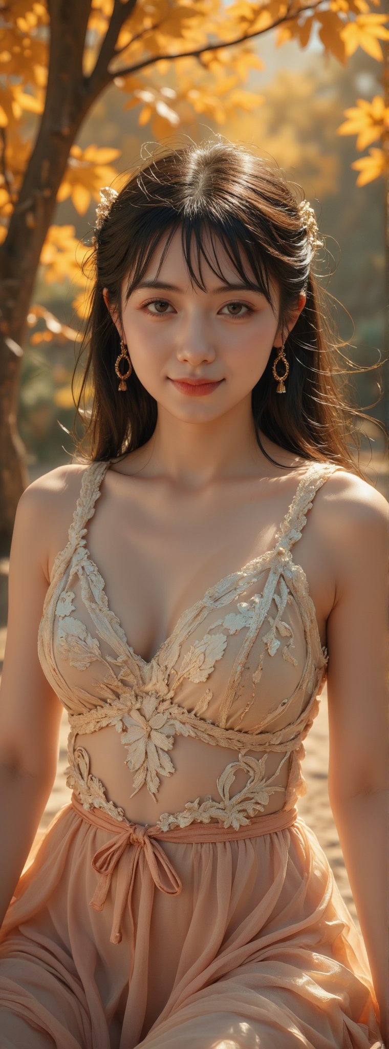 A stunning Korean girl poses confidently in a picturesque forest setting, surrounded by vibrant autumn maple leaves. She wears a delicate white lace dress that highlights her toned upper body and accentuates her impressive bust, with long black hair framing her face and bangs gently falling across her forehead. Her bright brown eyes sparkle with joy as she gazes directly at the viewer, exuding happiness and contentment. The soft sunlight filters through the trees, casting a warm glow on her features. (upper body:1.4)