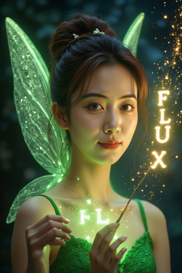 Realistic Asian Tinkerbell with elegant updo hair and green lace outfit. (She gracefully waves her glowing magic wand, forming the sparkling word "FLUX" in gold letters. Her delicate wings shine in the moonlight, and behind her lies a cloud of fairy dust). The night sky is full of stars, creating a fantastic atmosphere. movie lighting,