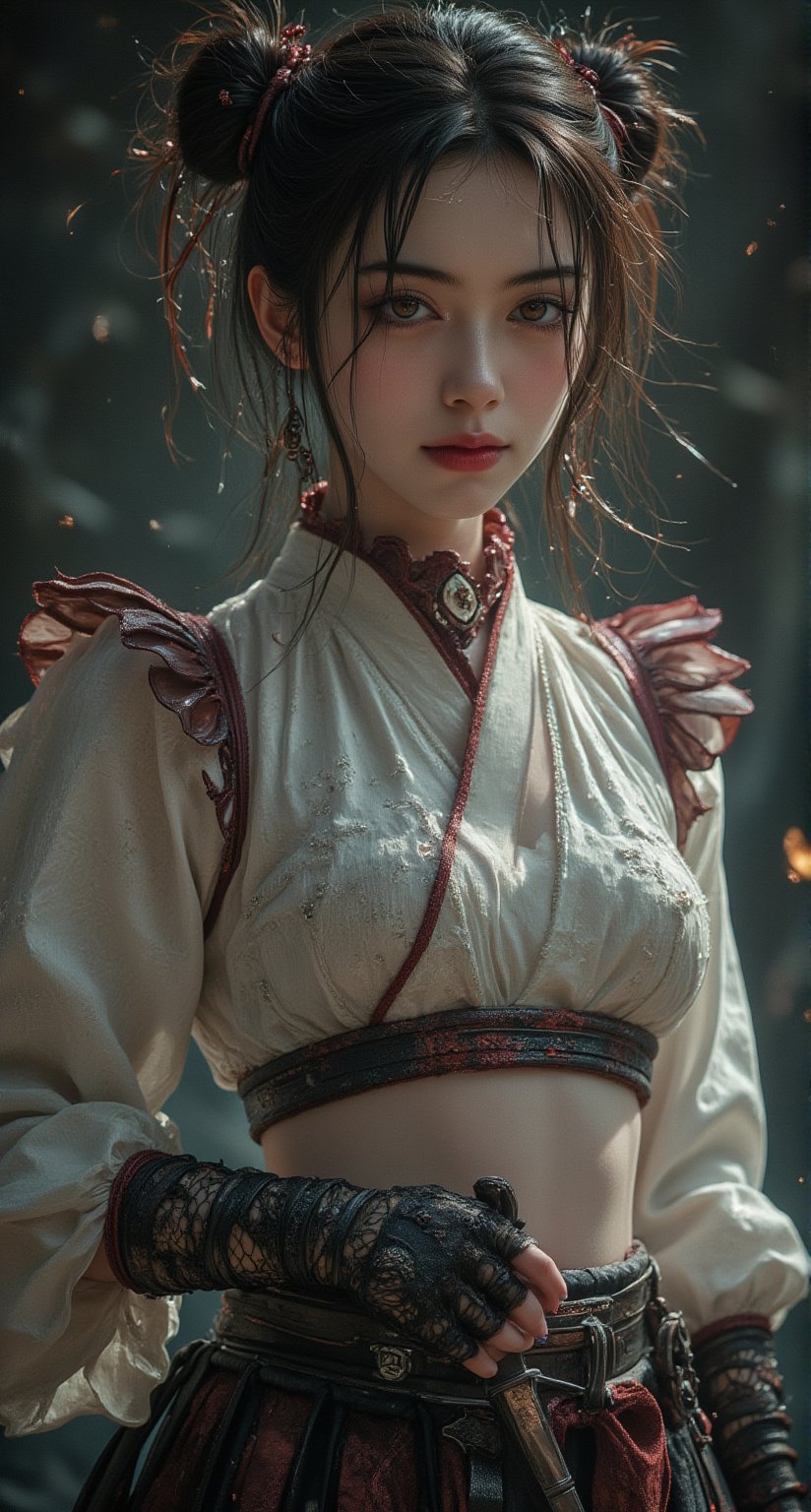 Tenten stands confidently, her dark hair styled in twin buns framing her determined expression and bright brown eyes. A stunning white blouse with maroon edges adorns her physique, its high collar and long sleeves accentuating her ninja form. Black fingerless gloves cover her hands, adorned with intricate fishnet patterns that shimmer under the soft light. Her hakama-styled pants puff out around her ankles, a testament to her exceptional agility as a shinobi. At her side, she holds a kunai, its metallic surface reflecting the subtle lighting of the scene. The overall aesthetic is sleek and sophisticated, as if Tenten is about to embark on a high- stakes mission. Midjourney style