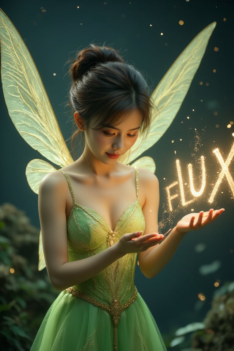 Realistic Asian Tinkerbell with elegant updo hair and green lace outfit. (She gracefully waves her glowing magic wand, forming the sparkling word "FLUX" in gold letters. Her delicate wings shine in the moonlight, and behind her lies a cloud of fairy dust). The night sky is full of stars, creating a fantastic atmosphere. movie lighting,