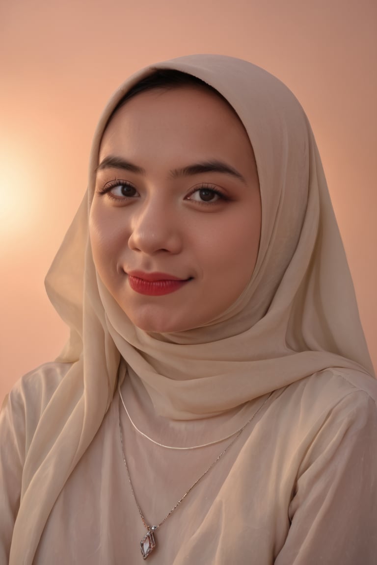 A stunning close-up shot of an Indonesian woman wearing a hijab, her radiant beauty captivating the frame. Her piercing eyes shine like diamonds, complemented by a flawless complexion. A flowing long shirt drapes elegantly across her torso, subtly highlighting the sparkle on her necklace. As she gazes wistfully into the distance, her dreamy expression transports viewers to a world of serenity. In 8K resolution, every detail is rendered with breathtaking clarity.