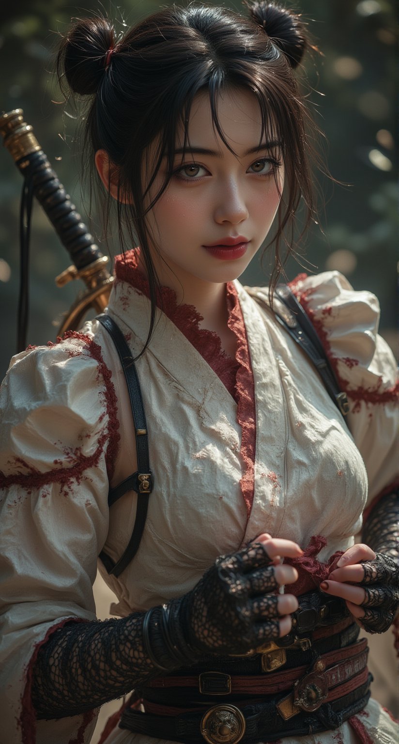 Tenten stands confidently, her dark hair styled in twin buns framing her determined expression and bright brown eyes. A stunning white blouse with maroon edges adorns her physique, its high collar and long sleeves accentuating her ninja form. Black fingerless gloves cover her hands, adorned with intricate fishnet patterns that shimmer under the soft light. Her hakama-styled pants puff out around her ankles, a testament to her exceptional agility as a shinobi. At her side, she holds a kunai, its metallic surface reflecting the subtle lighting of the scene. The overall aesthetic is sleek and sophisticated, as if Tenten is about to embark on a high- stakes mission. Midjourney style