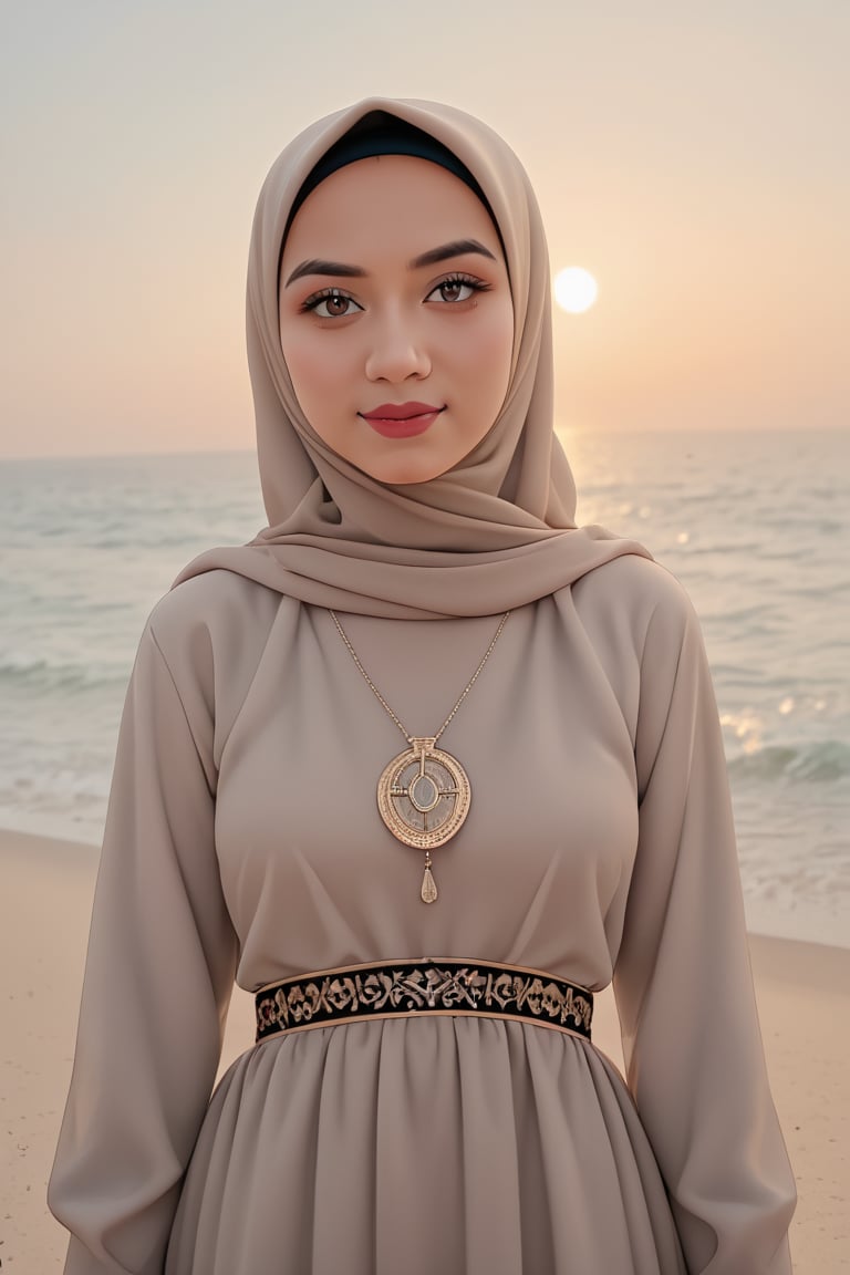 A stunning close-up shot of an Indonesian woman wearing a hijab, her radiant beauty captivating the frame. Her piercing eyes shine like diamonds, complemented by a flawless complexion. A flowing long shirt drapes elegantly across her torso, subtly highlighting the sparkle on her necklace. As she gazes wistfully into the distance, her dreamy expression transports viewers to a world of serenity. In 8K resolution, every detail is rendered with breathtaking clarity.