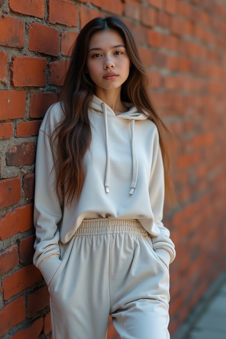 A fashionista girl leaning casually against a brick wall, wearing a loose hoodie and baggy pants. The scene is framed in a mid-shot, with soft natural lighting highlighting her relaxed pose. The composition emphasizes her urban style, with the brick wall as a textured backdrop.