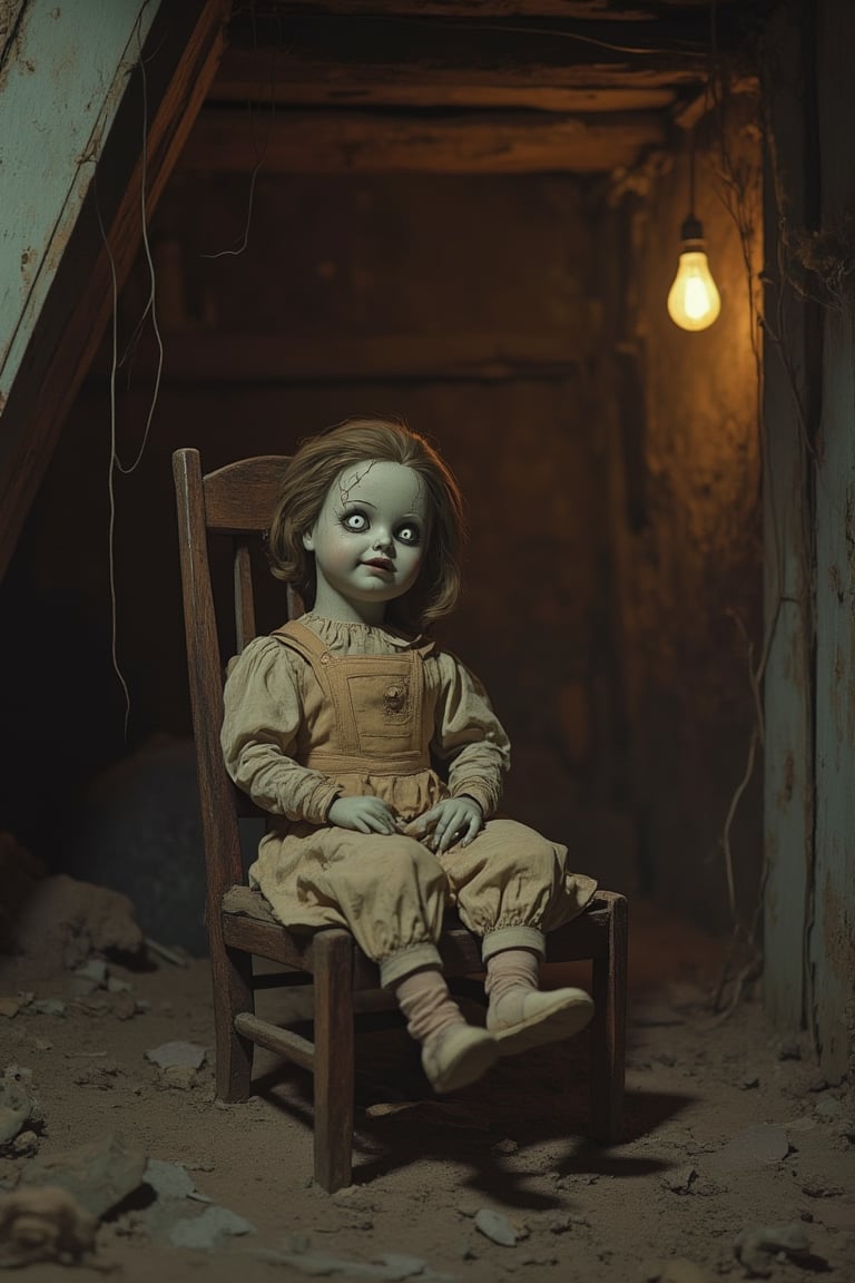 A photorealistic, gloomy 60's scene with a creepy doll. The doll is center-framed, sitting on a dusty, old wooden chair in a dimly lit, cobweb-filled attic. The doll has tattered clothes, a cracked porcelain face, and eerie, empty eyes. The room is filled with shadows, and the doll's pose is slightly askew, giving it a lifelike, unsettling appearance. The lighting is low, with a single, flickering light bulb casting a yellowish hue, enhancing the eerie atmosphere.