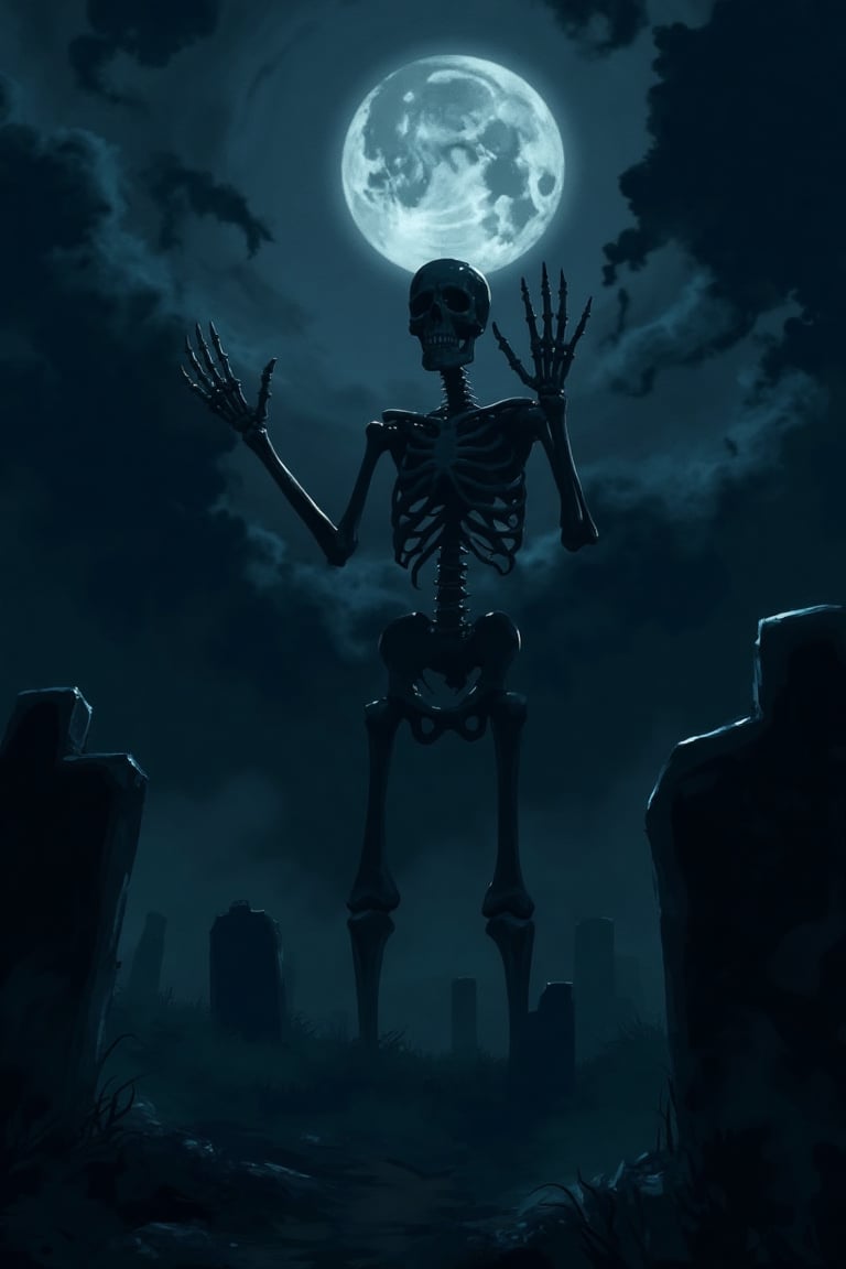 A dark, eerie anime scene with a skeletal figure in a Halloween setting. The skeleton is illuminated by moonlight, standing in a graveyard with tombstones and fog. The composition is centered, with the skeleton's bony hands raised in a menacing pose. The lighting is low-key, casting deep shadows, and the atmosphere is chilling with a focus on the skeletal details.