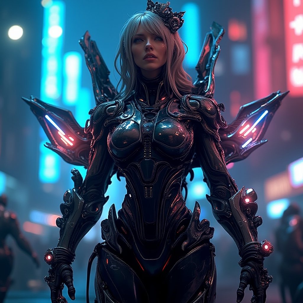 "A biomechanical female fighter with a high-tech exoskeleton, intricate armor plating, and a mechanical crown. Neon lights flicker from her mechanical wings as she prepares for battle in a neon-lit city."