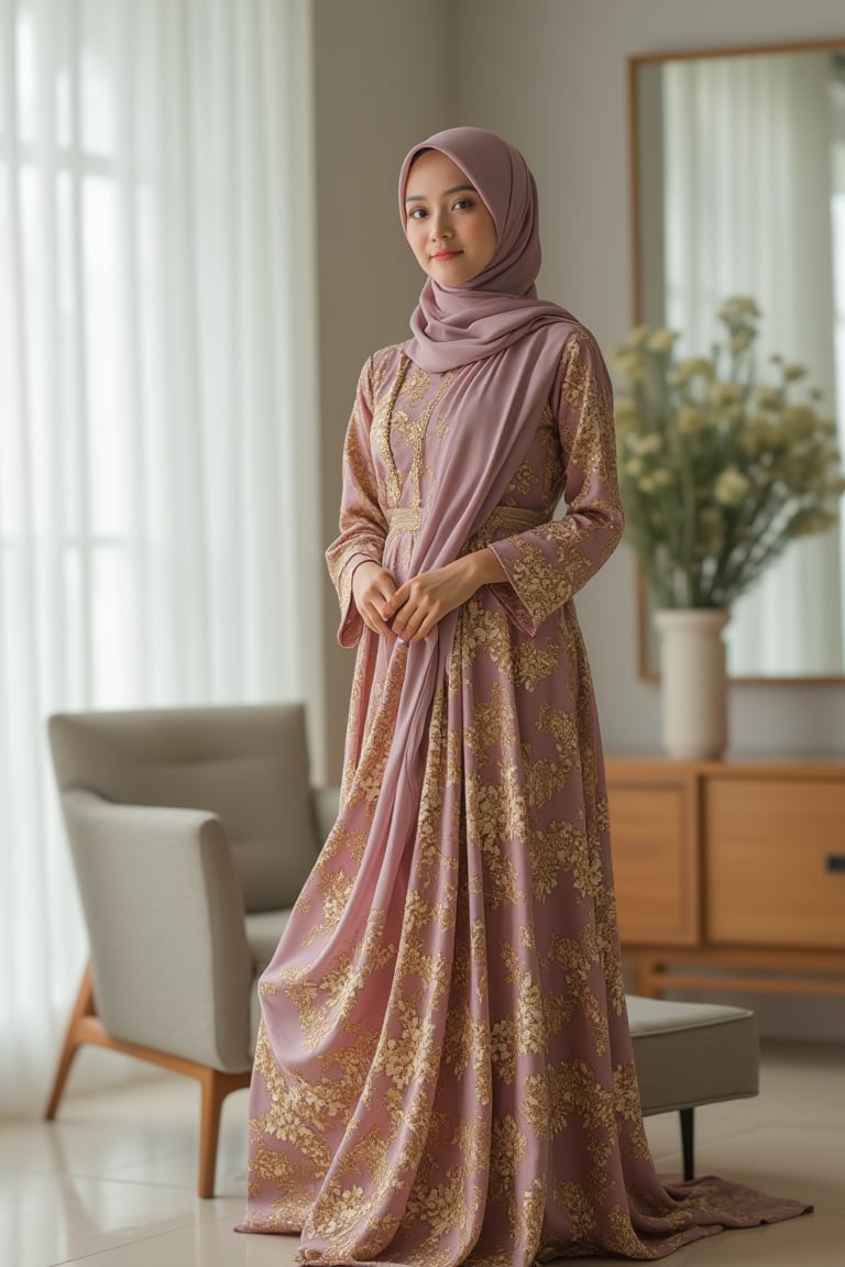 A pretty Malay woman wearing a traditional baju kurung, standing elegantly in a well-lit room with soft natural light. The baju kurung is intricately designed with floral patterns, and she has a serene expression. The composition is centered, with a slight three-quarter view, capturing her graceful posture and the flowing fabric of her attire. The background is subtly blurred, focusing attention on her and the cultural attire.