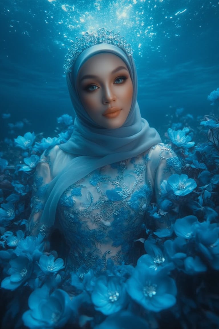 A serene underwater scene: A hijabi woman stands elegantly amidst a sea of blue-black flower petals, her porcelain skin glowing in the soft natural light. Sparkling eyes and a crystal tiara adorn her face, while her hair cascades like golden silk. She wears a stunning dress made from delicate petals, with fabulous makeup accentuating her gorgeous features. The camera captures every detail in high definition, 4K resolution. The subject poses regally, surrounded by the subtle glow of phosphorescent lighting and the vibrant blue sea, as if bathed in an ethereal light.