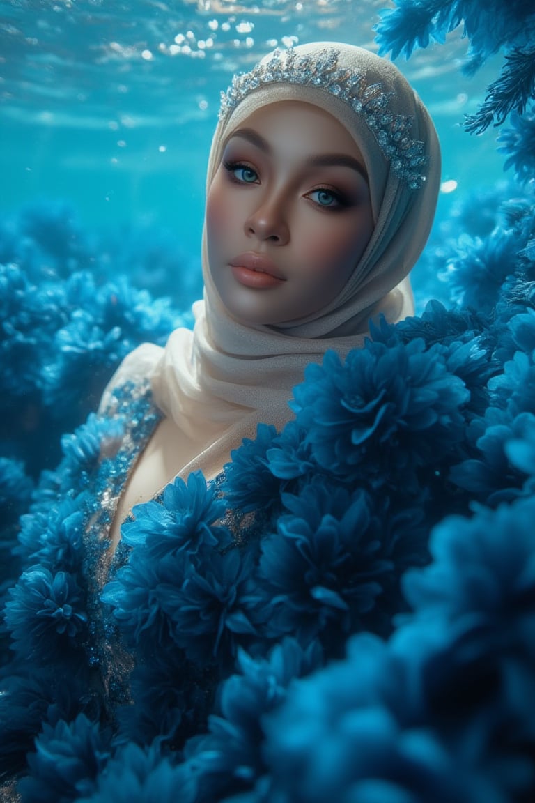 A serene underwater scene: A hijabi woman stands elegantly amidst a sea of blue-black flower petals, her porcelain skin glowing in the soft natural light. Sparkling eyes and a crystal tiara adorn her face, while her hair cascades like golden silk. She wears a stunning dress made from delicate petals, with fabulous makeup accentuating her gorgeous features. The camera captures every detail in high definition, 4K resolution. The subject poses regally, surrounded by the subtle glow of phosphorescent lighting and the vibrant blue sea, as if bathed in an ethereal light.