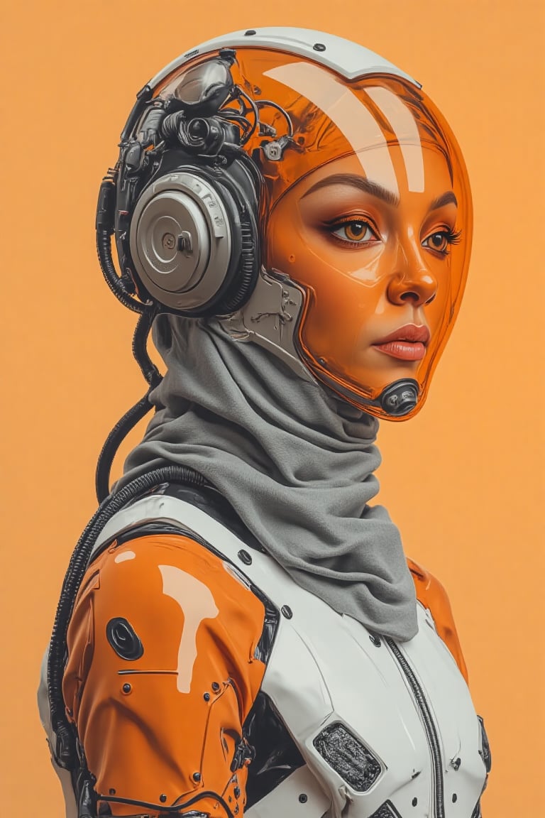 poster of A cyber spacepunk hijabis girl wear FULL VISOR orange transparent glass helmet armour  Orenz style, with long hijab and pashmina. she ALSO wear WHITE, ORANGE METAL LOOSE mecha armour SUIT OUTFIT, featuring black wires and tubes on its body, in profile view. the cyberpunk in dynamic action pose style.The style is futuristic sci-fi art with elements of dark gray and light bronze, showcasing hyper-realistic details. It has an illustrative quality to it with an emphasis on the character's head being transparent. This design incorporates elements from retro-futurism and neo-porcelain style. n dynamic modeling pose, cinematic style, high resolution, high detail, high quality, high contrast, professional photography, professional lighting, precise details, solid color background, masterpiece, best quality, highres, perfect artwork, best design award winner. hipster style