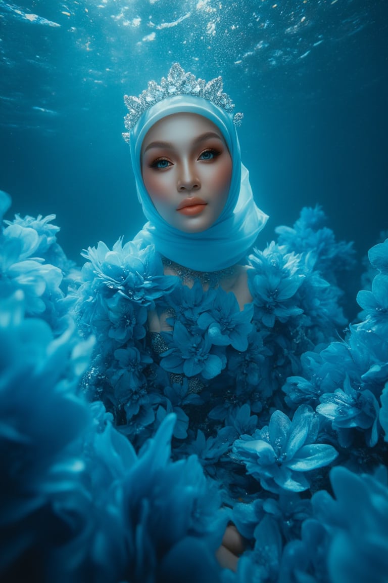 A serene underwater scene: A hijabi woman stands elegantly amidst a sea of blue-black flower petals, her porcelain skin glowing in the soft natural light. Sparkling eyes and a crystal tiara adorn her face, while her hair cascades like golden silk. She wears a stunning dress made from delicate petals, with fabulous makeup accentuating her gorgeous features. The camera captures every detail in high definition, 4K resolution. The subject poses regally, surrounded by the subtle glow of phosphorescent lighting and the vibrant blue sea, as if bathed in an ethereal light.