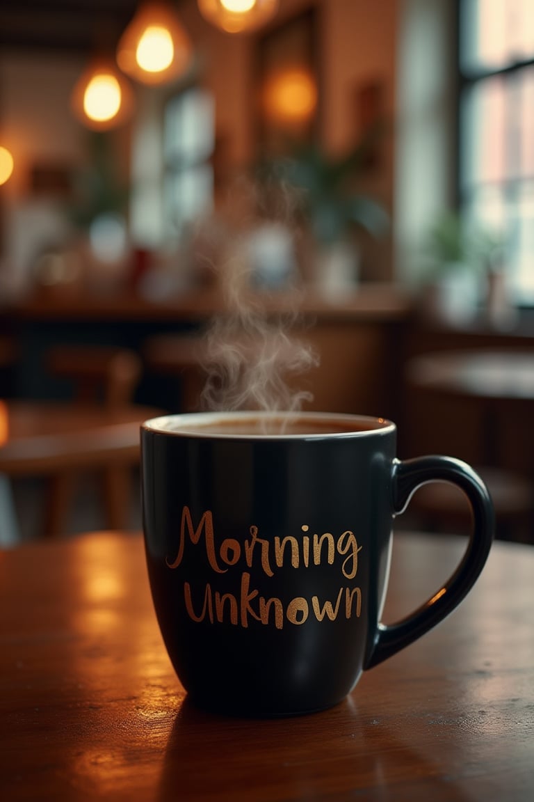 A mock-up of a black mug with the gold text MORNING UNKNOWN prominently displayed, placed on a table in a cozy cafe, filled with hot tea. The mug is warm and inviting, with the text standing out clearly against the rich background. The composition is clean and balanced, with the mug centered on the table. The lighting is soft and warm, enhancing the details of the design. The framing is close-up, focusing on the mug, the text, and the steam rising from the hot tea. The cozy cafe setting provides a welcoming backdrop.