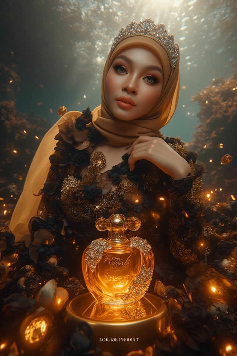 A majestic underwater scene: A professional photograph showcasing an opulent advertisement for the brand 'VOKAB,' created in collaboration with a hijabi woman stands resplendent amidst a sea of black gold flower petals, porcelain skin aglow in soft natural light. An Amber bottle with gemstone-encrusted glass and gold caps sits elegantly on a pedestal, surrounded by a subtle phosphorescent glow. Her golden locks cascade like silk, crystal tiara adorning her face. Stunning petal dress accentuates her features, fabulous makeup radiates sophistication. The camera captures every detail in 4K resolution, subject posing regally against a rich underwater backdrop bathed in warm, cinematic light with a soft glow effect at the rear. The text 'VOKAB.AI PRODUCT' subtly appears at the bottom.,