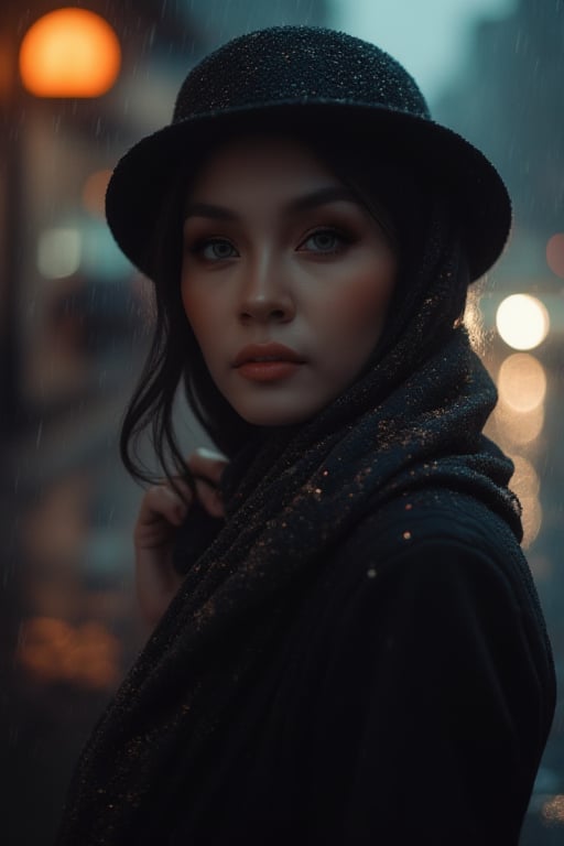 A sultry woman adorned with a stylish scarf and fedora poses languidly against a rain-soaked city street at dusk. The noir-inspired photography captures her enigmatic presence amidst the darkness, where deep shadows dance across her porcelain skin. Soft focus and dramatic contrast evoke a sense of mystery, as she gazes out into the misty night air.