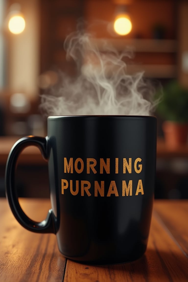 A mock-up of a black maroon mug with the gold text MORNING PURNAMA prominently displayed, placed on a table in a cozy cafe, filled with hot tea. The mug is warm and inviting, with the text standing out clearly against the rich background. The composition is clean and balanced, with the mug centered on the table. The lighting is soft and warm, enhancing the details of the design. The framing is close-up, focusing on the mug, the text, and the steam rising from the hot tea. The cozy cafe setting provides a welcoming backdrop.