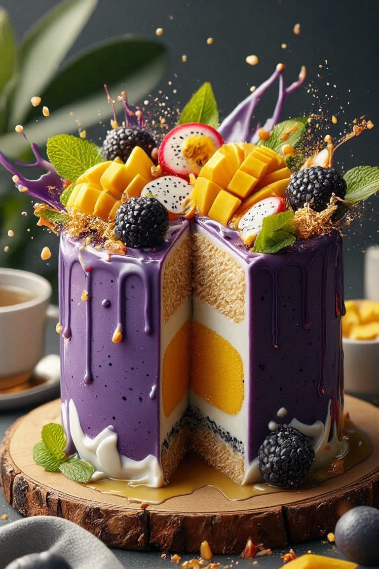 **Hyper-Realistic Mangosteen Cake with Elegant Presentation** A stunning,  multi-layered mangosteen cake with a smooth,  g...