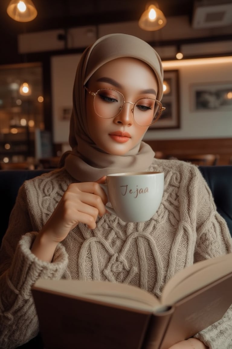 "Create an ultra-realistic scene of a Malaysian woman dressed in knitwear, sitting in a cozy café setting. She has her hijab neatly tied. defined eyebrows, subtle eyeshadow, detailed eyes and lips, skin color glossy lips, Her sparkling rectangle-rimmed glasses and beautifully made-up face add to her refined appearance. The woman is engrossed in reading a book while sipping from a steaming hot cup of coffee. The overall atmosphere is warm and artistic, with soft lighting enhancing the cozy ambiance name written 'TEJAA' is cursive bold font, adding a unique and tactile quality to the scene. The portrait is hyperrealistic, captured in 8K resolution with a medium format digital camera, featuring a shallow depth of field and a gentle lens flare, evoking a sense of timeless beauty and grace." 