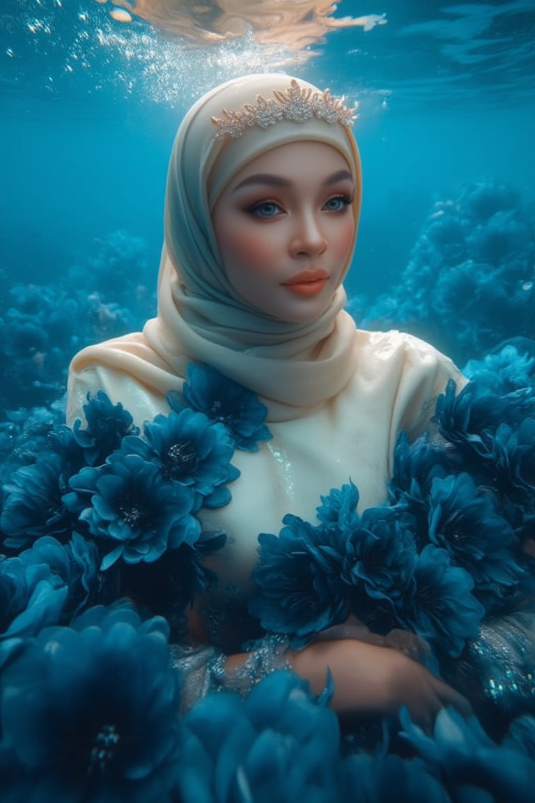 A serene underwater scene: A hijabi woman stands elegantly amidst a sea of blue-black flower petals, her porcelain skin glowing in the soft natural light. Sparkling eyes and a crystal tiara adorn her face, while her hair cascades like golden silk. She wears a stunning dress made from delicate petals, with fabulous makeup accentuating her gorgeous features. The camera captures every detail in high definition, 4K resolution. The subject poses regally, surrounded by the subtle glow of phosphorescent lighting and the vibrant blue sea, as if bathed in an ethereal light.