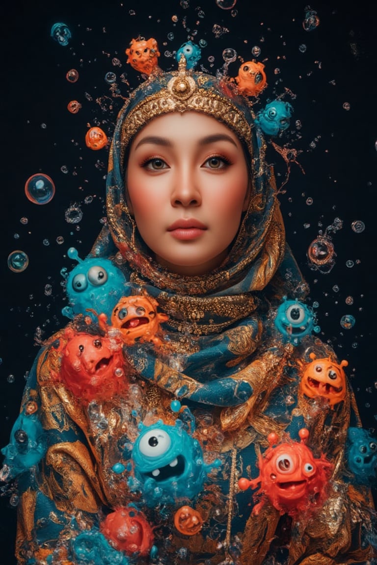 Create an image of a perfectly beautiful hijab princess of ancient Egypt in a forest,  she’s surrounded by 3d doodle of cute monsters in the style of Doodleoo, bubbles and splash water against a black background with vibrant colors, high resolution, high detail, high quality, high contrast, professional photography, professional lighting, precise details, solid color background, masterpiece, best quality, highres, perfect artwork, best design award winner