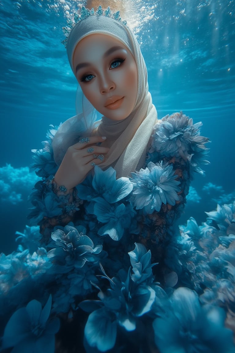 A serene underwater scene: A hijabi woman stands elegantly amidst a sea of blue-black flower petals, her porcelain skin glowing in the soft natural light. Sparkling eyes and a crystal tiara adorn her face, while her hair cascades like golden silk. She wears a stunning dress made from delicate petals, with fabulous makeup accentuating her gorgeous features. The camera captures every detail in high definition, 4K resolution. The subject poses regally, surrounded by the subtle glow of phosphorescent lighting and the vibrant blue sea, as if bathed in an ethereal light.