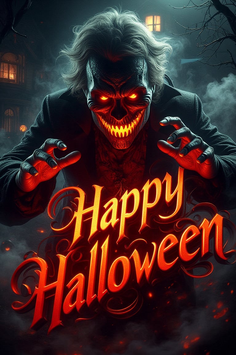 image of Jack o' Latern in a creepy pose, looking like he's about to lunge at the audience. against the background of a spooky and Halloween-themed house. in the middle of the picture there is a red creepy large title text writing "Happy Halloween".