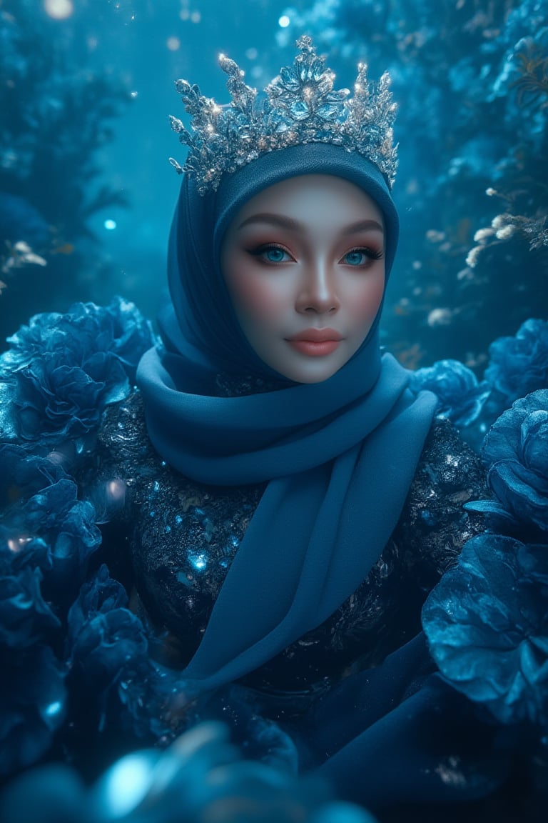 A serene underwater scene: A hijabi woman stands elegantly amidst a sea of blue-black flower petals, her porcelain skin glowing in the soft natural light. Sparkling eyes and a crystal tiara adorn her face, while her hair cascades like golden silk. She wears a stunning dress made from delicate petals, with fabulous makeup accentuating her gorgeous features. The camera captures every detail in high definition, 4K resolution. The subject poses regally, surrounded by the subtle glow of phosphorescent lighting and the vibrant blue sea, as if bathed in an ethereal light.