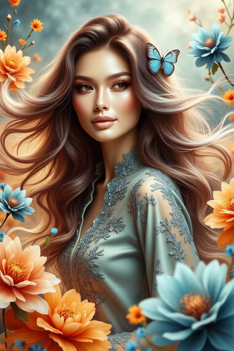 Whispers on the Breeze: A digital portrait in 3/4 view, reminiscent of watercolor splashes, captures a beautiful woman's ethereal essence. Her long, flowing locks, tinged with pastel hues, dance with the wind as she stands amidst a vibrant backdrop of orange, cyan blue, and rich bright flowers. The kebaya's dusty colors shimmer against the soft petals. A small butterfly clip adorns her hair, adding whimsy to her mesmerizing fusion with nature. Framing the shot: soft focus on the woman, blurred flowers in the background, warm sunlight casting a gentle glow.