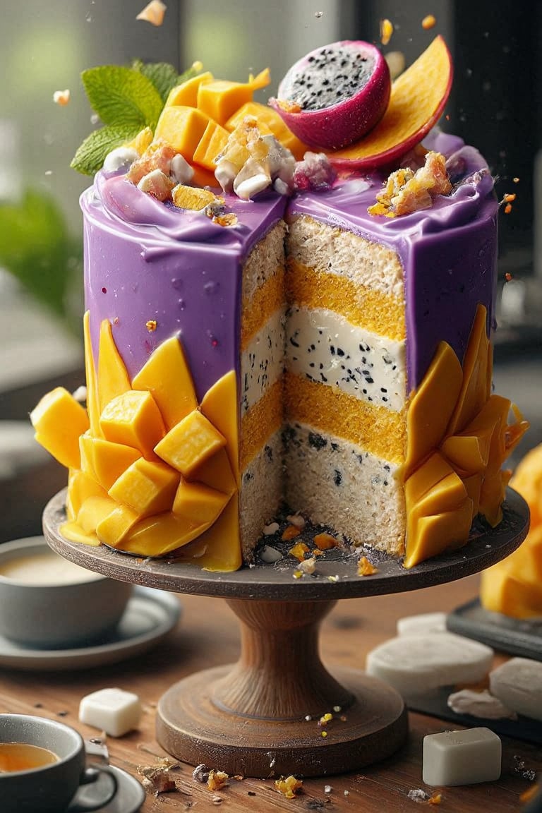 **Hyper-Realistic Mangosteen Cake with Elegant Presentation** A stunning,  multi-layered mangosteen cake with a smooth,  g...