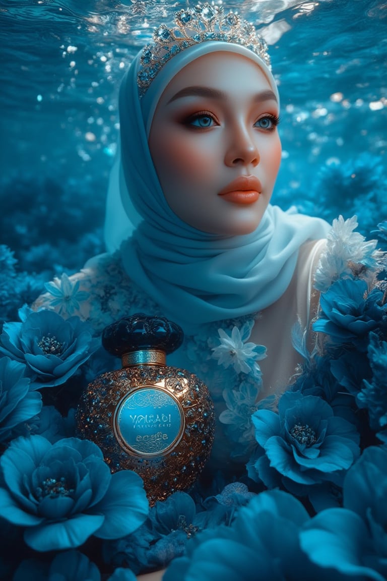 A serene underwater scene: Create A professional photograph showcasing an opulent advertisement for advertising image for VOKAB, a luxurious Arabian women's perfume, created in collaboration with A modestly hijabi woman who stands elegantly amidst a sea of blue-black flower petals, her porcelain skin glowing in the soft natural light. Sparkling eyes and a crystal tiara adorn her face, while her hair cascades like golden silk. She wears a stunning dress made from delicate petals, with fabulous makeup accentuating her gorgeous features. The image features an Adepta alluring, The amber bottle features intricate Arabic patterns and is adorned with black and gold caps. The camera captures every detail in high definition, 4K resolution. The subject poses regally, surrounded by the subtle glow of phosphorescent lighting and the vibrant blue sea, the bottle is bathed in an ethereal light.
