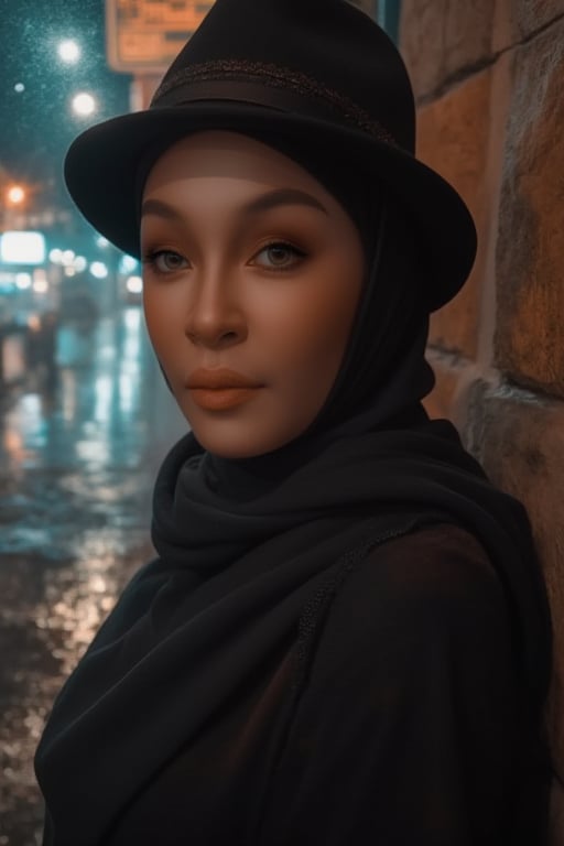 A sultry woman adorned with a stylish scarf and fedora poses languidly against a rain-soaked city street at dusk. The noir-inspired photography captures her enigmatic presence amidst the darkness, where deep shadows dance across her porcelain skin. Soft focus and dramatic contrast evoke a sense of mystery, as she gazes out into the misty night air.