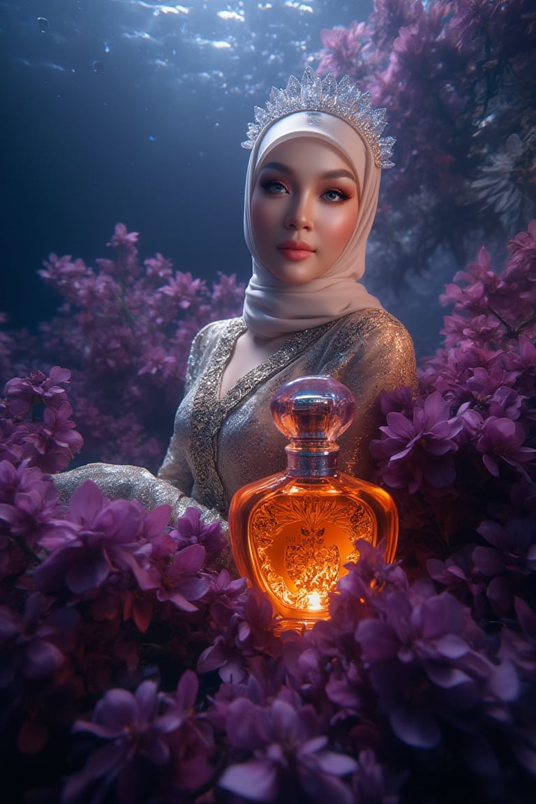 A serene underwater scene: Create A professional photograph showcasing an opulent advertisement for an advertising image for VOKAB, a luxurious Arabian women's perfume, tremendously outstanding futuristic bottle shape, created in collaboration with A hijabi woman who stands elegantly amidst a sea of dark purple flower petals, her porcelain skin glowing in the soft natural light. Sparkling eyes and a crystal tiara adorn her face, while her hair cascades like golden silk. She wears a stunning dress made from delicate petals, with fabulous makeup accentuating her gorgeous features. The image features an Adepta alluring, The amber bottle features intricate Arabic patterns and is adorned with gold caps. The camera captures every detail in high definition, 4K resolution. The subject poses regally, surrounded by the subtle glow of phosphorescent lighting and the vibrant blue sea, the bottle is bathed in an ethereal light. Set against a rich serene underwater backdrop, the bottle is bathed in a warm, cinematic light with a subtle glow effect at the rear. Incorporate professional lighting, artistic composition, and a color mood that evokes sophistication and elegance.