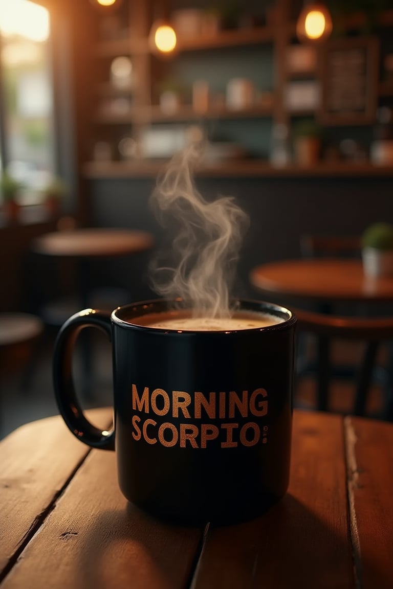 A mock-up of a black mug with the gold text MORNING SCORPIO prominently displayed, placed on a table in a cozy cafe, filled with hot tea. The mug is warm and inviting, with the text standing out clearly against the rich background. The composition is clean and balanced, with the mug centered on the table. The lighting is soft and warm, enhancing the details of the design. The framing is close-up, focusing on the mug, the text, and the steam rising from the hot tea. The cozy cafe setting provides a welcoming backdrop.