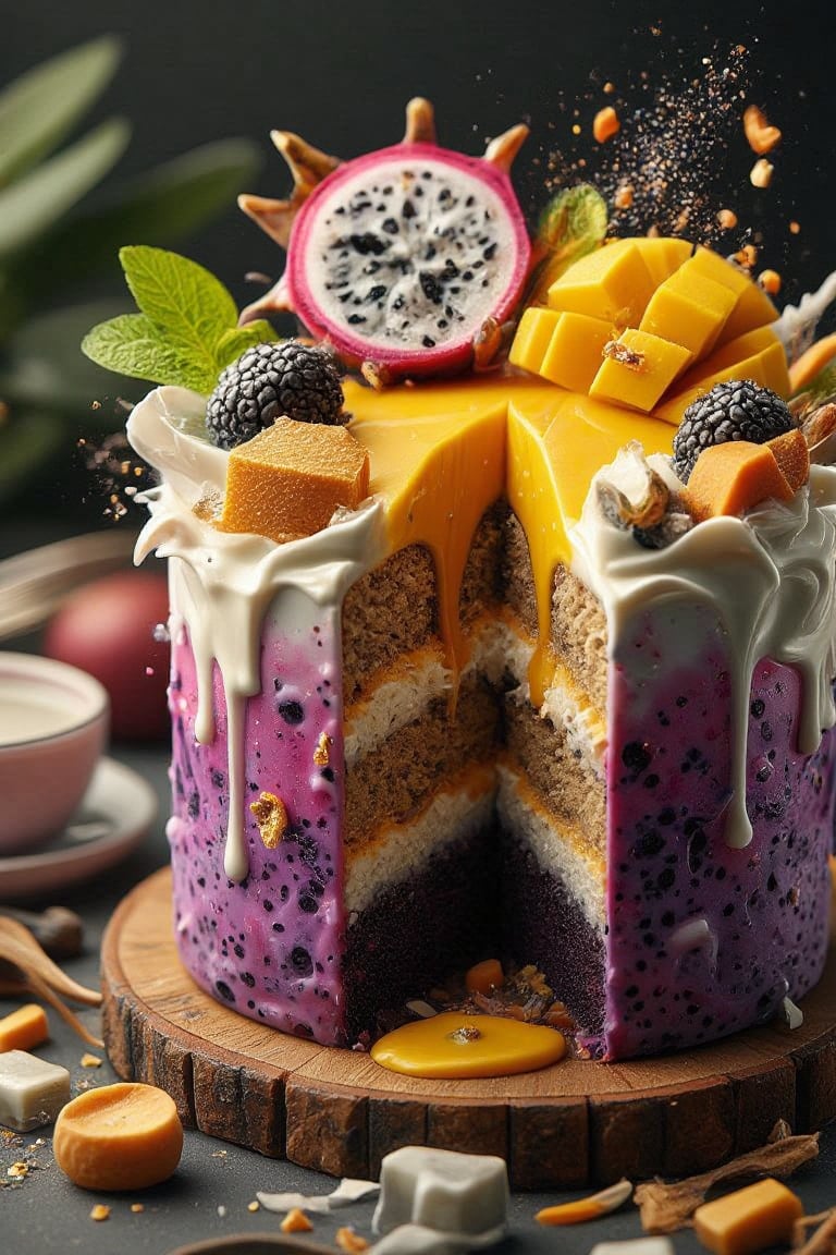 **Hyper-Realistic Mangosteen Cake with Elegant Presentation** A stunning,  multi-layered mangosteen cake with a smooth,  g...