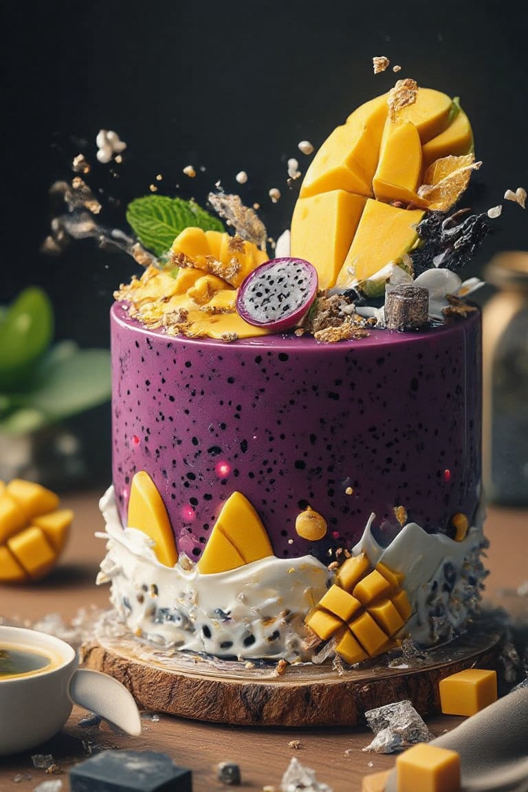 **Hyper-Realistic Mangosteen Cake with Elegant Presentation** A stunning,  multi-layered mangosteen cake with a smooth,  g...