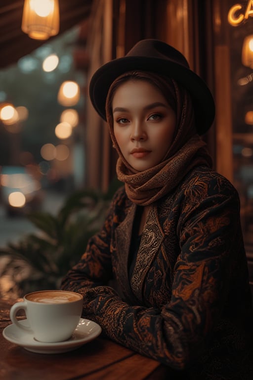 A sultry woman, adorned with a stylish scarf and fedora, sits poised outside a cozy coffee café at dusk on a rain-soaked city street. Framed by rich wood tones, soft lighting casts a warm glow on her porcelain skin. Her cup of coffee rests delicately on the saucer as she savors the moment, embodying cultural charm and contemporary style. The noir-inspired photography captures her enigmatic presence amidst darkness, where deep shadows dance across her skin.