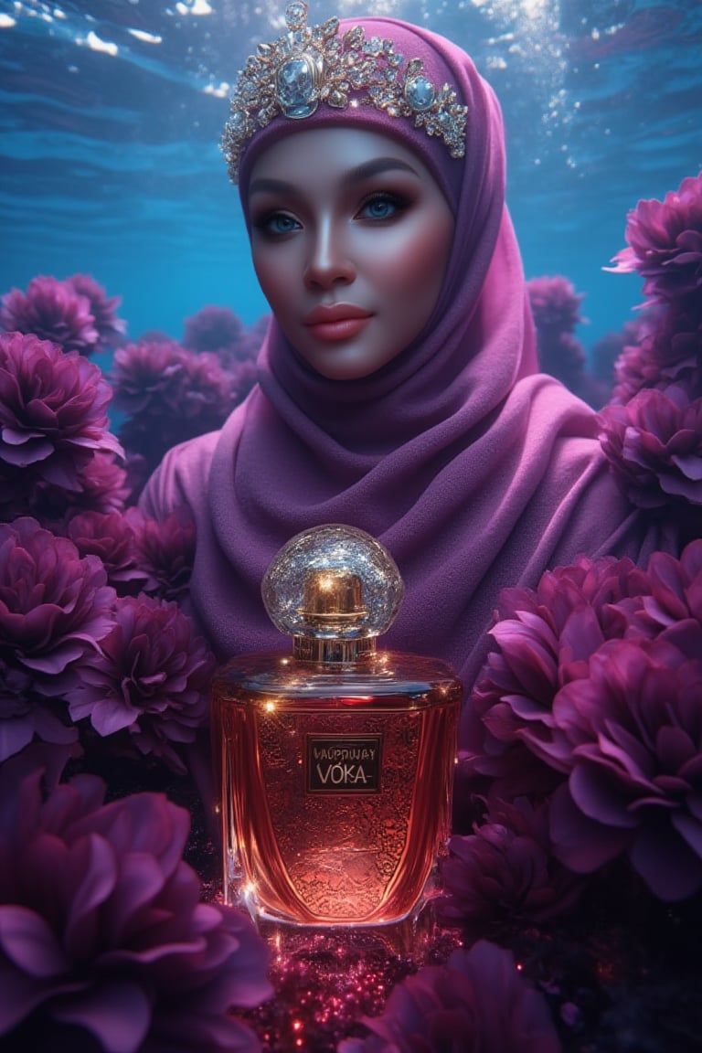 A serene underwater scene: Create A professional photograph showcasing an opulent advertisement for an advertising image for VOKAB, a luxurious Arabian women's perfume, tremendously outstanding futuristic bottle shape, created in collaboration with A hijabi woman who stands elegantly amidst a sea of dark purple flower petals, her porcelain skin glowing in the soft natural light. Sparkling eyes and a crystal tiara adorn her face, while her hair cascades like golden silk. She wears a stunning dress made from delicate petals, with fabulous makeup accentuating her gorgeous features. The image features an Adepta alluring, The amber bottle features intricate Arabic patterns and is adorned with gold caps. The camera captures every detail in high definition, 4K resolution. The subject poses regally, surrounded by the subtle glow of phosphorescent lighting and the vibrant blue sea, the bottle is bathed in an ethereal light. Set against a rich serene underwater backdrop, the bottle is bathed in a warm, cinematic light with a subtle glow effect at the rear. Incorporate professional lighting, artistic composition, and a color mood that evokes sophistication and elegance.