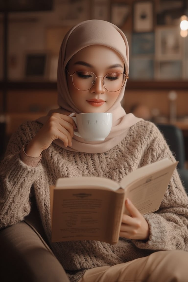 "Create an ultra-realistic scene of a Malaysian woman dressed in knitwear, sitting in a cozy café setting. She has her hijab neatly tied. defined eyebrows, subtle eyeshadow, detailed eyes and lips, skin color glossy lips, Her sparkling rectangle-rimmed glasses and beautifully made-up face add to her refined appearance. The woman is engrossed in reading a book while sipping from a steaming hot cup of coffee. The overall atmosphere is warm and artistic, with soft lighting enhancing the cozy ambiance name written 'TEJAA' is cursive bold font, adding a unique and tactile quality to the scene. The portrait is hyperrealistic, captured in 8K resolution with a medium format digital camera, featuring a shallow depth of field and a gentle lens flare, evoking a sense of timeless beauty and grace." 