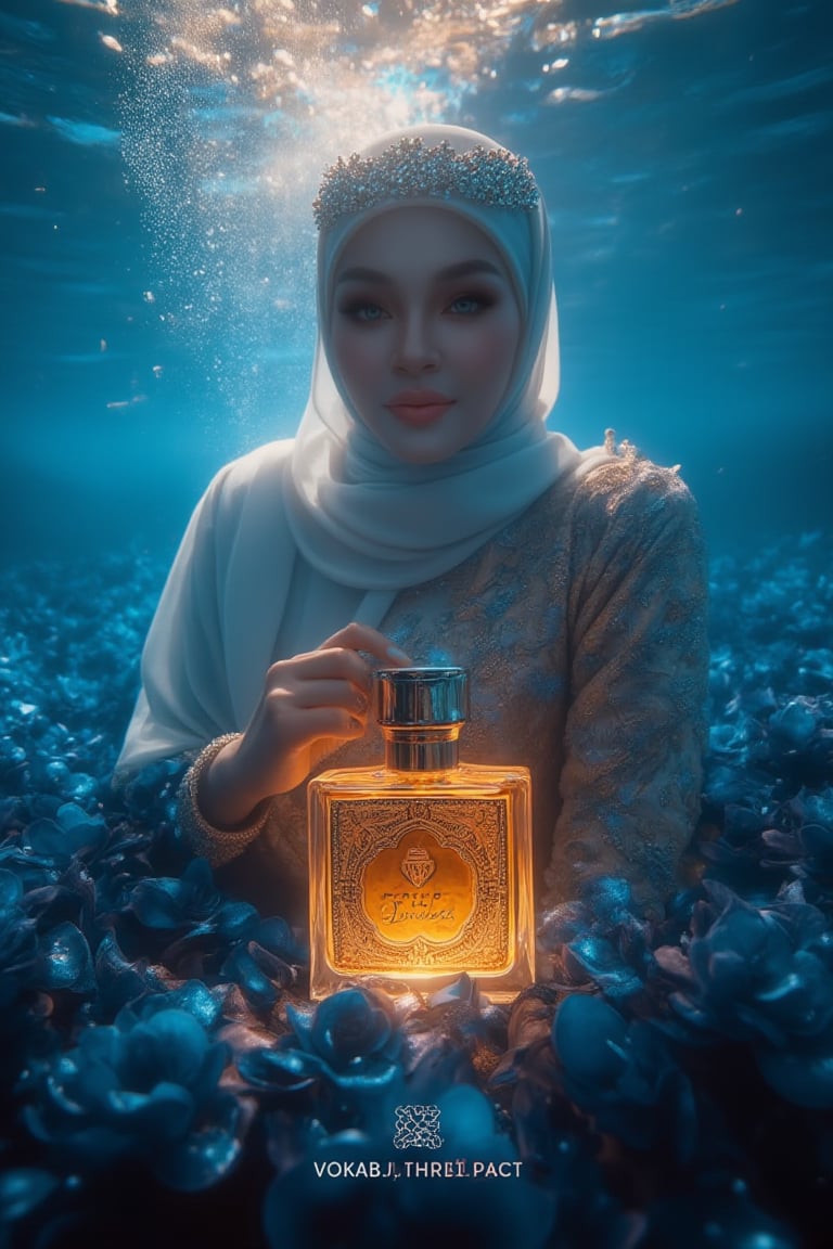 A serene underwater scene: Create A professional photograph showcasing an opulent advertisement for advertising image for VOKAB, a luxurious Arabian women's perfume with, a tremendously outstanding futuristic bottle shape, created in collaboration with A hijabi woman who stands elegantly amidst a sea of blue-black flower petals, her porcelain skin glowing in the soft natural light. Sparkling eyes and a crystal tiara adorn her face, while her hair cascades like golden silk. She wears a stunning dress made from delicate petals, with fabulous makeup accentuating her gorgeous features. The image features an Adepta alluring, The amber bottle features intricate Arabic patterns and is adorned with gold caps. The camera captures every detail in high definition, 4K resolution. The subject poses regally, surrounded by the subtle glow of phosphorescent lighting and the vibrant blue sea, the bottle is bathed in an ethereal light. Set against a rich serene underwater backdrop, the bottle is bathed in a warm, cinematic light with a subtle glow effect at the rear. Incorporate professional lighting, artistic composition, and a color mood that evokes sophistication and elegance. The text 'VOKAB.AI PRODUCT is displayed at the bottom of the image.