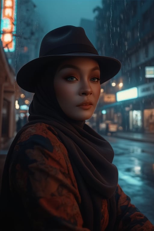 A sultry woman poses languidly against a rain-soaked city street at dusk, fedora and stylish scarf accentuating her enigmatic allure. Soft focus and dramatic contrast create a sense of intrigue as she gazes out into the misty night air, her porcelain skin illuminated by the faint glow of neon signs in the background, deep shadows dancing across her face like a noir-inspired film's protagonist.