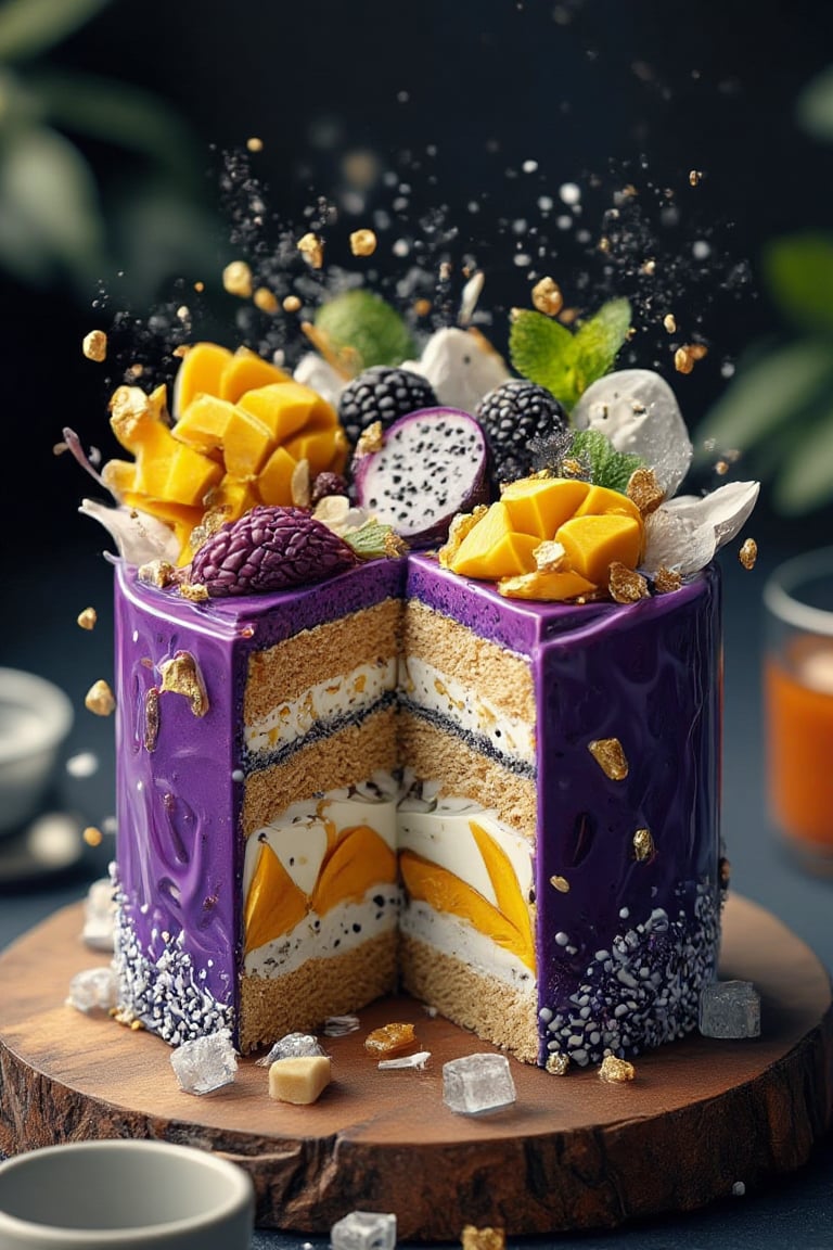 **Hyper-Realistic Mangosteen Cake with Elegant Presentation** A stunning,  multi-layered mangosteen cake with a smooth,  g...