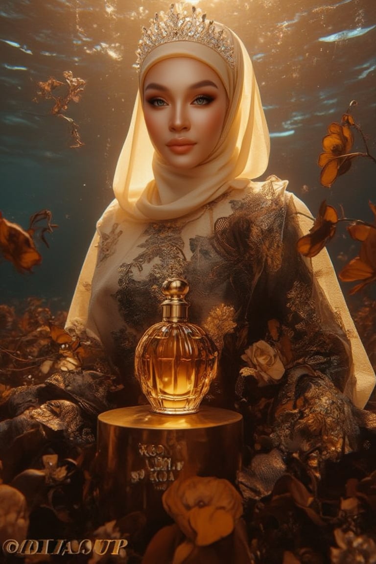 A majestic underwater scene: A professional photograph showcasing an opulent advertisement for the brand 'VOKAB,' created in collaboration with a hijabi woman stands resplendent amidst a sea of black gold flower petals, porcelain skin aglow in soft natural light. An Amber bottle with gemstone-encrusted glass and gold caps sits elegantly on a pedestal, surrounded by a subtle phosphorescent glow. Her golden locks cascade like silk, crystal tiara adorning her face. Stunning petal dress accentuates her features, fabulous makeup radiates sophistication. The camera captures every detail in 4K resolution, subject posing regally against a rich underwater backdrop bathed in warm, cinematic light with a soft glow effect at the rear. The text 'VOKAB.AI PRODUCT' subtly appears at the bottom.,