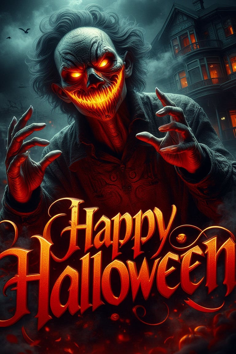 image of Jack o' Latern in a creepy pose, looking like he's about to lunge at the audience. against the background of a spooky and Halloween-themed house. in the middle of the picture there is a red creepy large title text writing "Happy Halloween".