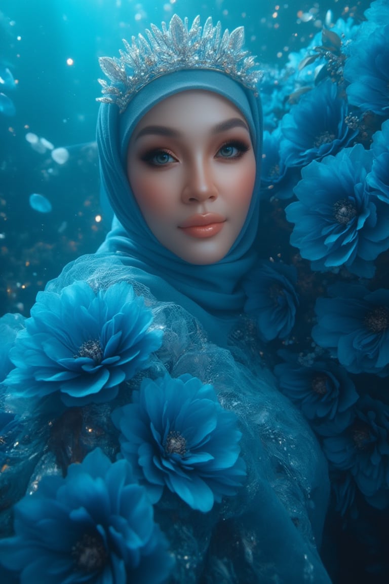 A serene underwater scene: A hijabi woman stands elegantly amidst a sea of blue-black flower petals, her porcelain skin glowing in the soft natural light. Sparkling eyes and a crystal tiara adorn her face, while her hair cascades like golden silk. She wears a stunning dress made from delicate petals, with fabulous makeup accentuating her gorgeous features. The camera captures every detail in high definition, 4K resolution. The subject poses regally, surrounded by the subtle glow of phosphorescent lighting and the vibrant blue sea, as if bathed in an ethereal light.