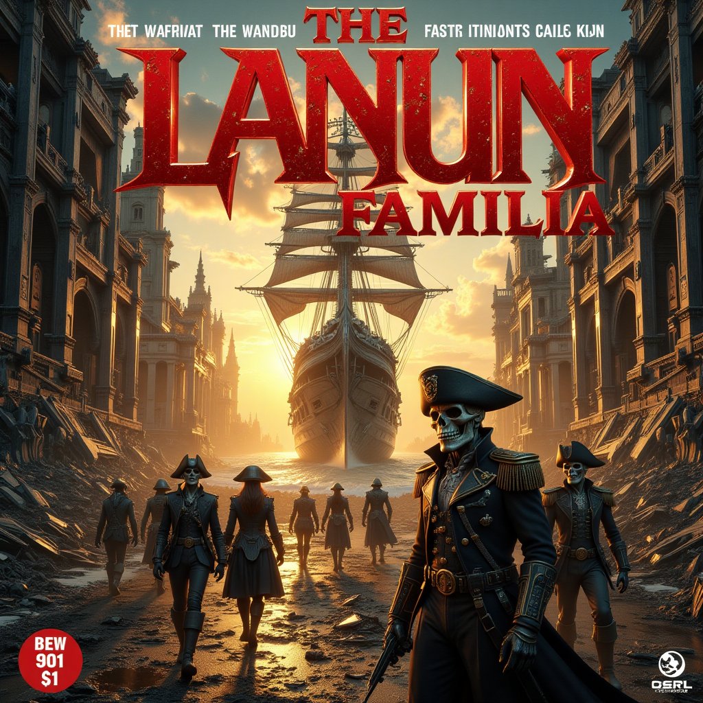 Promotional poster of "The LANUN Familia" "KAPAL TAKKAN KARAM"(((correctly spelled))). A desolate landscape stretches out, with an enormous pirate ship on a rough sea reflecting the fading light. In the foreground, a group of tremendously outstanding futuristic skull-headed pirate captains dressed in tremendously outstanding futuristic pirate clothing, ship captain's hats and war gear, walk amidst the destruction. The orange glow of the setting sun cast long shadows, highlighting the intricate details of the ruined structure. Pirate outfits blend seamlessly with the post-apocalyptic backdrop, some carrying sleek high-tech weapons. In the distance, a majestic pirate ship pierces the sky, while humming machinery and flashing lights add to the uncertain atmosphere. In the center, bold, sharp, dark red letters display the film's title, surrounded by credits in a retro 80s/90s style font, printed with obvious professionalism.  