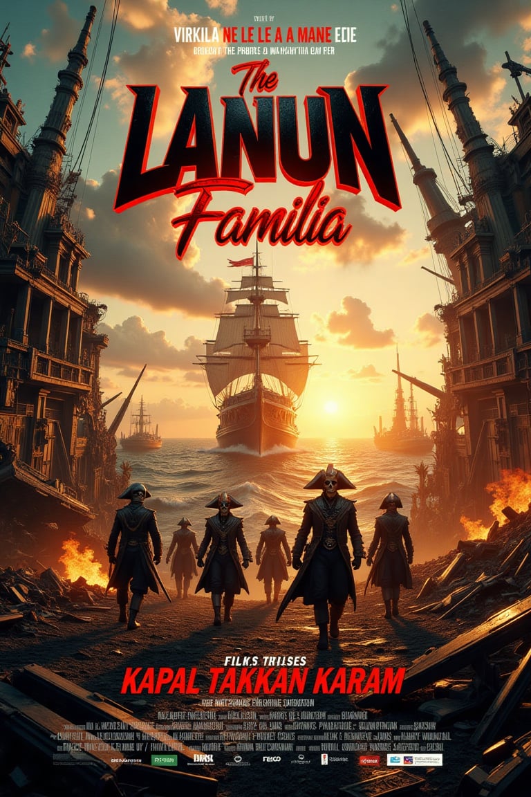 Promotional poster of "The LANUN Familia" "KAPAL TAKKAN KARAM"(((correctly spelled))). A desolate landscape stretches out, with an enormous pirate ship on a rough sea reflecting the fading light. In the foreground, a group of tremendously outstanding futuristic skull-headed pirate captains dressed in tremendously outstanding futuristic pirate clothing, ship captain's hats and war gear, walk amidst the destruction. The orange glow of the setting sun cast long shadows, highlighting the intricate details of the ruined structure. Pirate outfits blend seamlessly with the post-apocalyptic backdrop, some carrying sleek high-tech weapons. In the distance, a majestic pirate ship pierces the sky, while humming machinery and flashing lights add to the uncertain atmosphere. In the center, bold, sharp, dark red letters display the film's title, surrounded by credits in a retro 80s/90s style font, printed with obvious professionalism.  